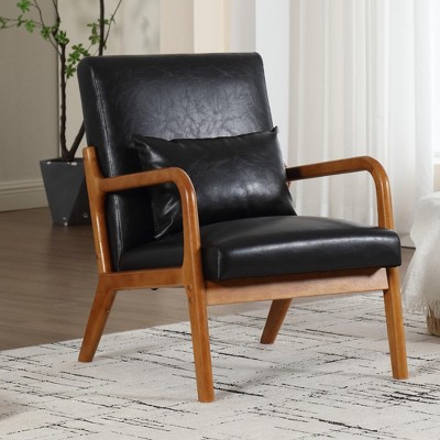 HOMEFUN Mid Century Modern Upholstered Black PU Leather Wooden Frame Accent Armchair with Pillow and Cushion