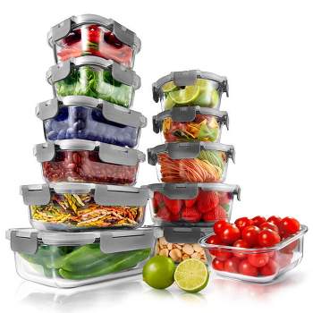 NutriChef 24-Piece Glass Food Storage Containers Newly Innovated Hinged BPA-Free 100% Leakproof Locking Lids, Gray