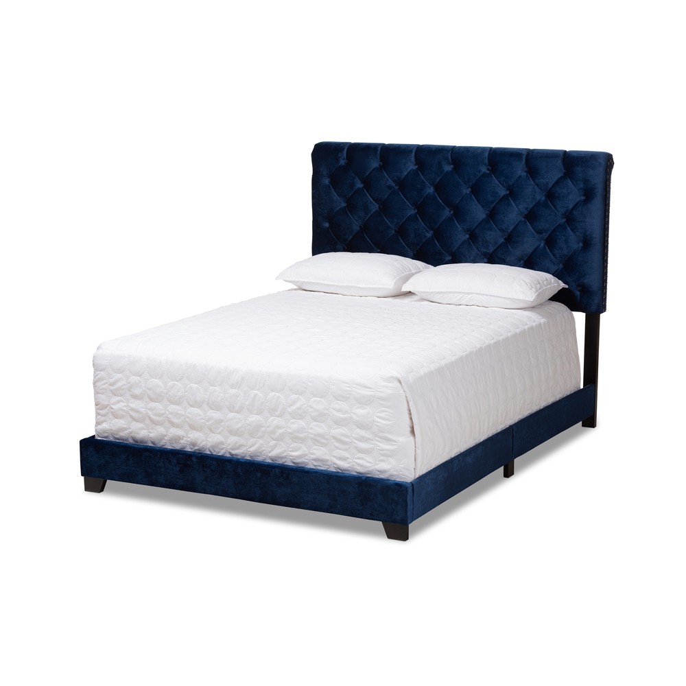 Photos - Bed Baxton Studio Full Candace Velvet Upholstered  Navy Blue: Glamorous Chrome Nailhead Trim, Solid Wood Frame