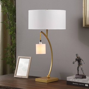 Ore International 28.5" Contemporary Arc with Hanging Pendulum Metal Table Lamp Gold : Dual Socket, Linen Shade - 1 of 4