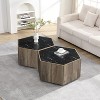 Vynxaria Rustic Retro Hexagonal Coffee Table 2 Hidden Drawers, Textured Black Marble Tops, Light Brown Oak Finish, Flexible Configuration - 3 of 4