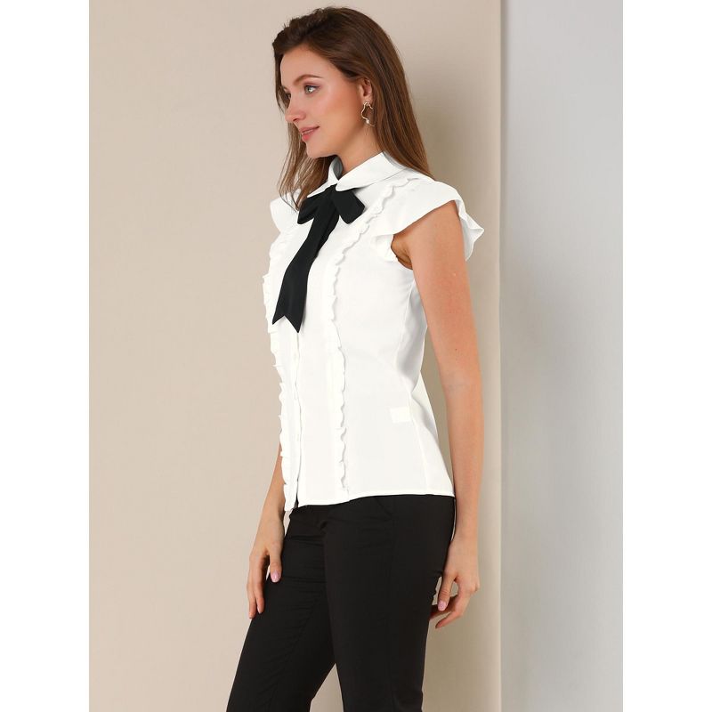 Allegra K Women's Ruffles Cap Sleeve Tops Tie Neck Button Up Peter Pan Collar Blouse Shirts, 3 of 7