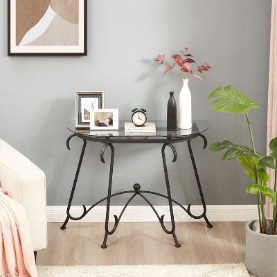 VYNXARIA Glass Surface Console Table Coffee Table with Sturdy Construction for Living Room (Rustic Black)
