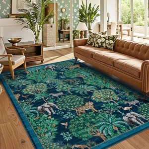 Washable Floral Animal Jungle Rug Non Slip Low Pile Rug Soft Throw Floor Cover Foldable Indoor Carpet for Living Room Bedroom Playroom Nursery - 1 of 4
