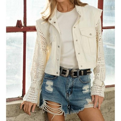 Women's Twill Crop Crochet Sleeve Jacket - Blue B