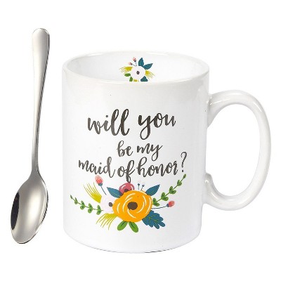 Blue Panda Will You Be My Maid Of Honor 16 Oz White Ceramic Coffee Mug Stoneware Tea Cup with Stirring Spoon