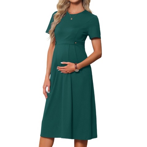 Женские платья INSPIRE CHIC Women's Maternity A Line Crewneck Short Sleeve Stretchy Summer Midi Pregnancy Work Dresses Small Dark Green