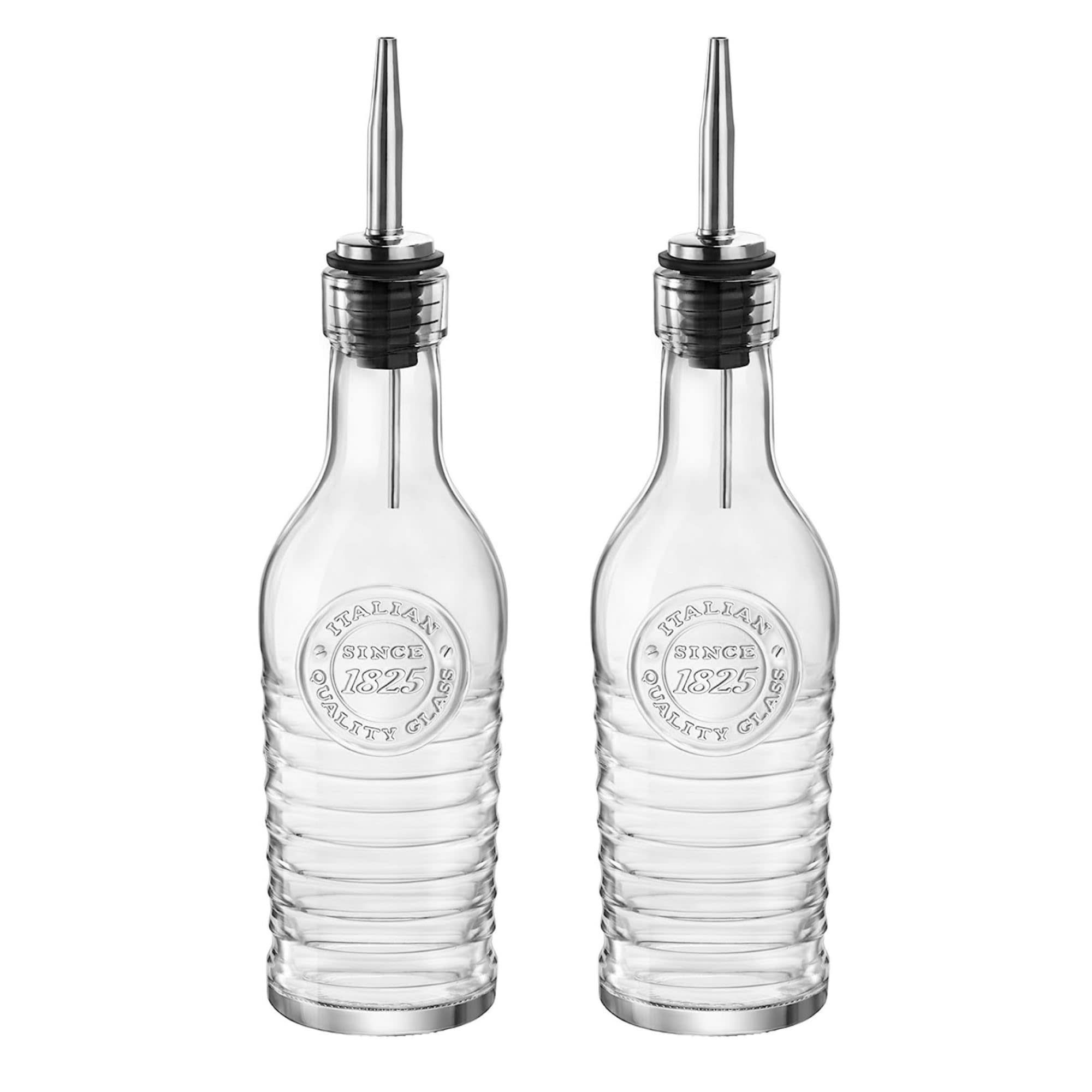 Bormioli Rocco Officina 1825 Bottle with Pourer Stopper Set of 2, 9 Oz Dispenser Bottles for Vinegar, Oils & Liquids - Dishwasher Safe, Italian Glass