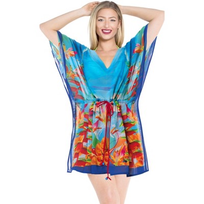 LA LEELA Women's Beachwear Summer Swim Beach Dress Cover Ups for Swimwear Women Plus Size Flowy Swimsuit Coverups for Women 3X-4X Blue, Leaf