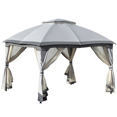 Gray Steel Outdoor Gazebo with Mesh Sidewalls and Vented Roof