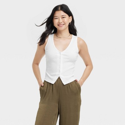Women's Ribbed Button-Down Vest - A New Day™ White XS: V Neck, Midweight,
