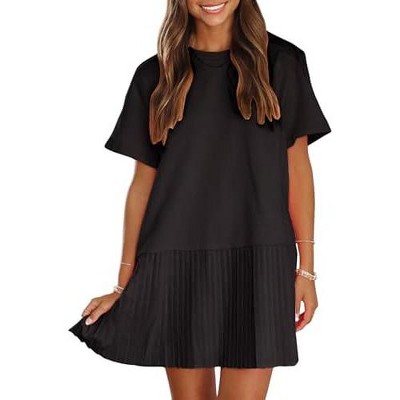 EXLURA Womens Summer Casual Short Sleeve Dress Crewneck Tshirt Dresses Pleated Aline Mini Dress 2025 Vacation Beach Sundress