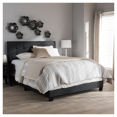 King-Sized Dark Charcoal Gray Tufted Upholstered Bed with Wood Frame