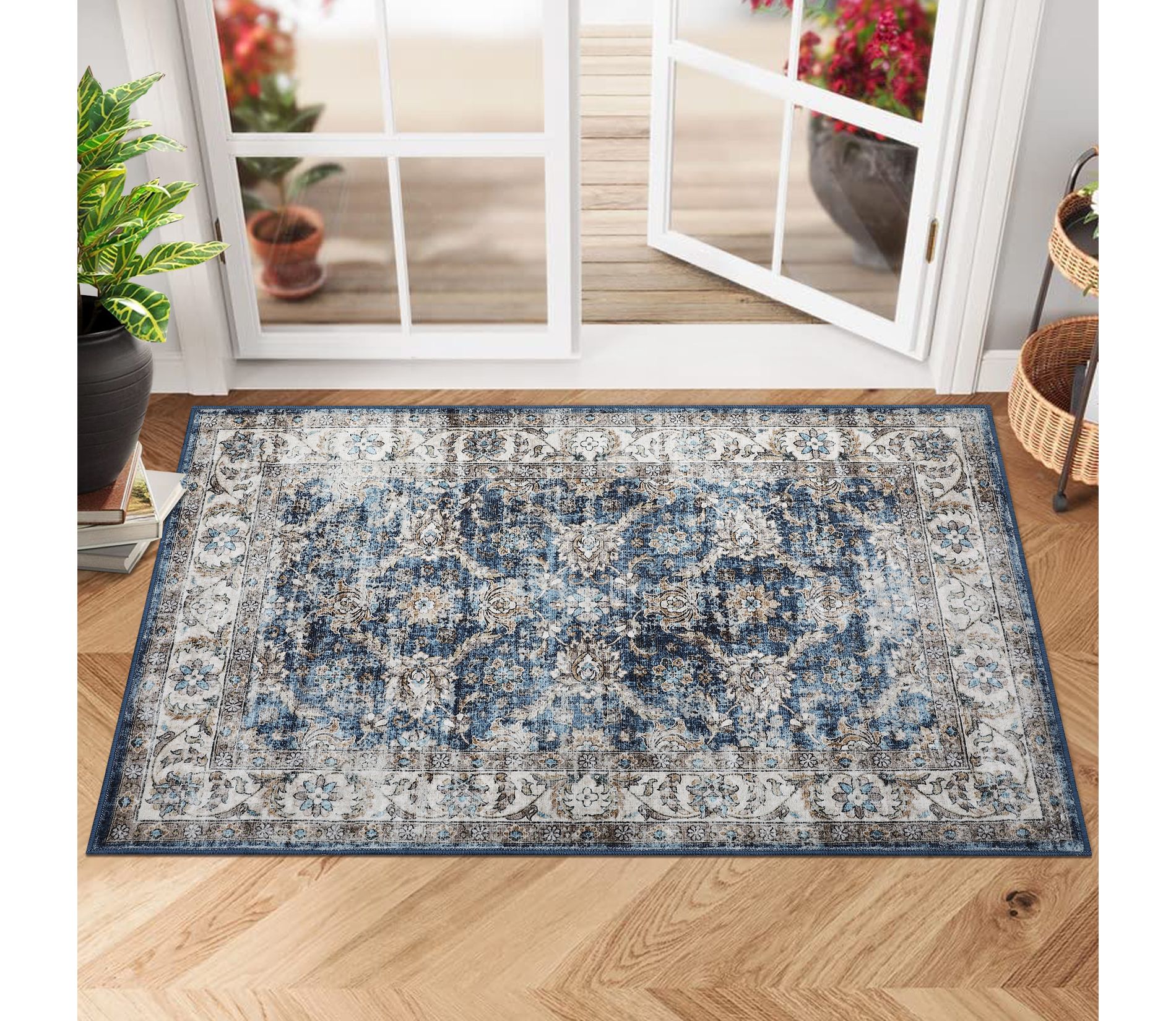 Washable Bedroom Rug Non Slip Foldable Vintage Floral Print Throw Rug