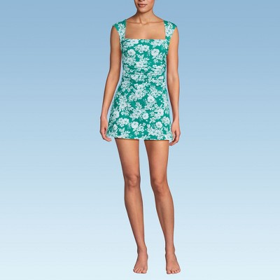 Lands' End Women's Chlorine Resistant Square Neck Ruched Swim Dress One Piece Swimsuit