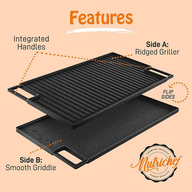 NutriChef 18 Inch Cast Iron Griddle Skillet Reversible Grilling Plate Pan For Stove Top with Heat Resistant Oven Grab Mitt, Black (2 Pack), 4 of 7