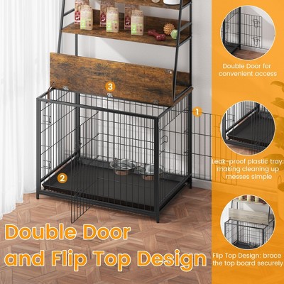 Whizmax Dog Crate Furniture with Storage Shelves, Double Doors Modern Dog Crate,Indoor Dog House with Two Adjustable Stainless Steel Bowls, Brown