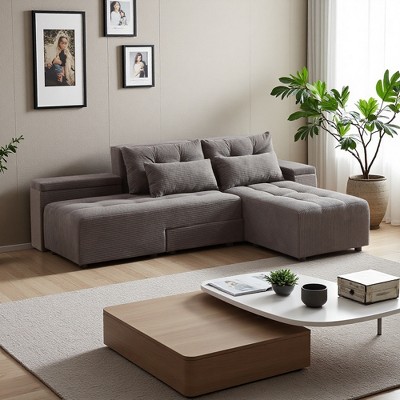 Convertible 3-in-1 Corduroy Sleeper Sectional Sofa with Ottoman & Storage