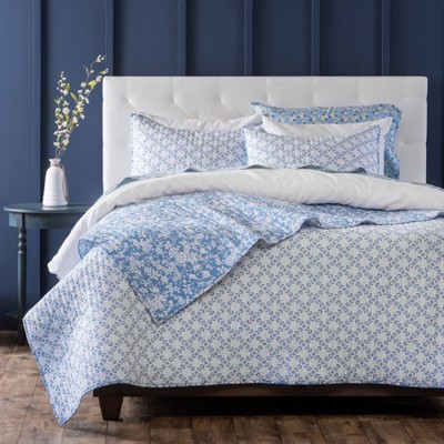 Queen Pamela Floral Cotton Percale Quilt Set Blue - Martha Stewart