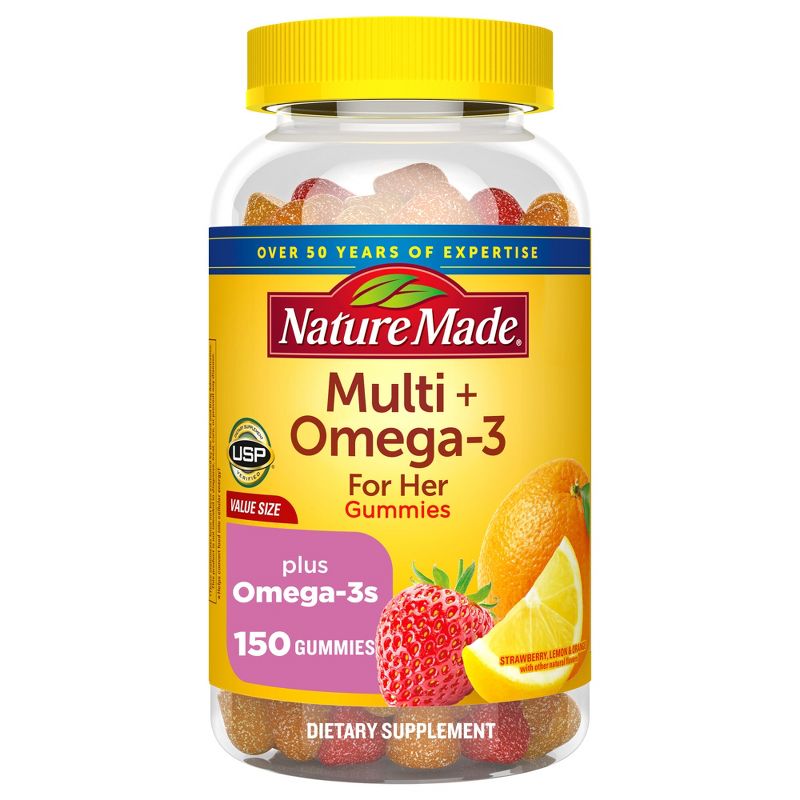 Nature Made Multi for Her + Omega-3 Gummies - Lemon, Orange & Strawberry, 1 of 16