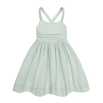 Image of Hope & Henry Girls' Sleeveless Special Occasion Sun Dress with Bow Back Detail and Embroidery, Infant, 6-12 Months