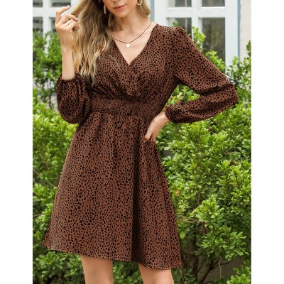 Women's Puff Long Sleeve Wrap Smocked Waist Chiffon Leopard Print Mini Dress