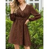 Women's Long Sleeve Smocked Mini Dress Leopard Print Waist Wrap V Neck Chiffon Casual Work Party Dress - 2 of 4