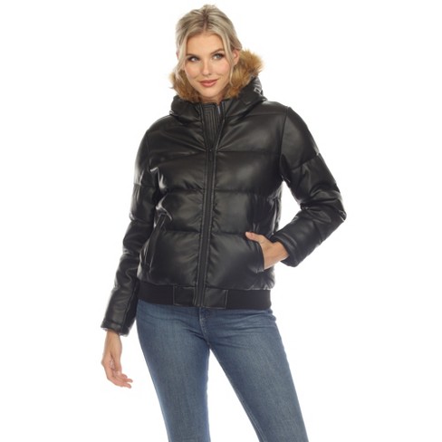 Women s Removable Faux Fur Hoodie Bomber Leather Jacket Black