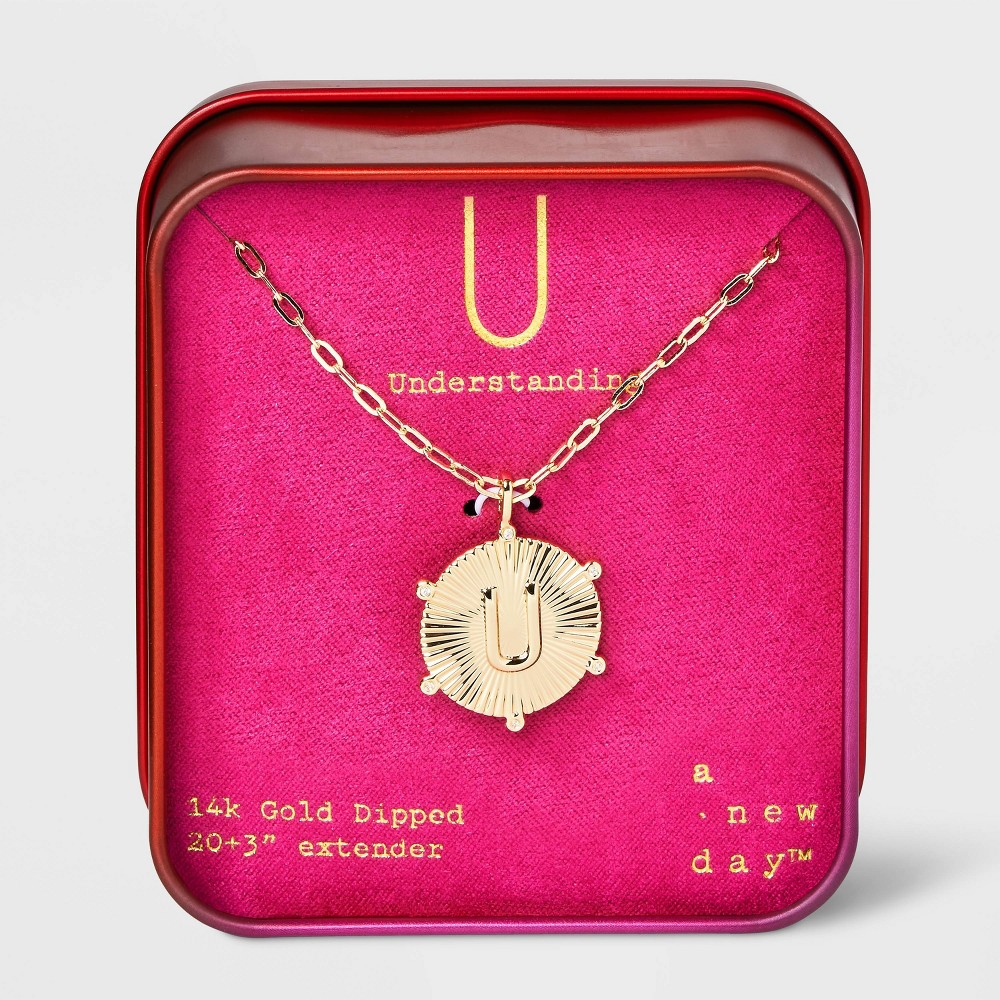 14K Gold Dipped Diamond Ray Disc Initial "U" Pendant Necklace - A New Day™ Gold