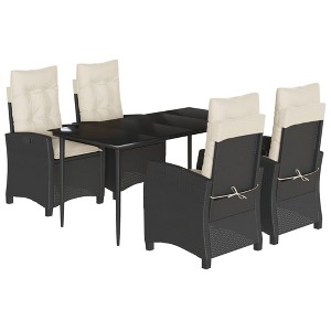 vidaXL 5 Piece Patio Dining Set with Cushions - Black Poly Rattan Reclining Chairs, Adjustable Backrest, Tempered Glass Table - 1 of 4