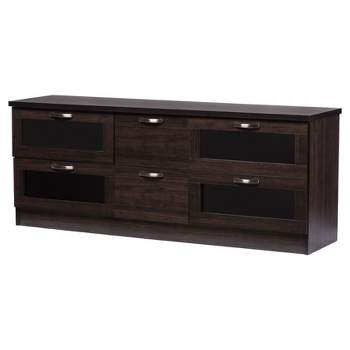 Adelino Wood Cabinet with 4 Glass Doors and 2 Drawers TV Stand for TVs up to 62" Dark Brown - Baxton Studio