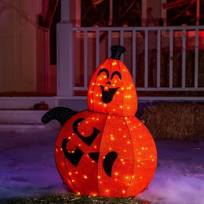 SYNCFUN 3FT Halloween Pumpkin Decorations Outdoor, Pre-Lit Light Up Pumpkin with 100 LED Lights and Metal Stand for Indoor Outdoor Yard Holiday Decor