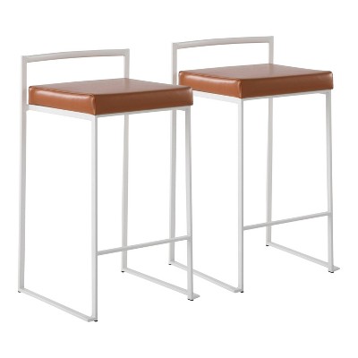 Set of 2 Fuji Stackable Counter Height Barstools Leather/Steel White/Camel Brown - LumiSource