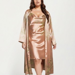 Anna-Kaci Lounge Women's Satin Slip Dress and Long Robe Set with Floral Pattern Draped Neckline and Elegant Flowing Layered Design - 1 of 4
