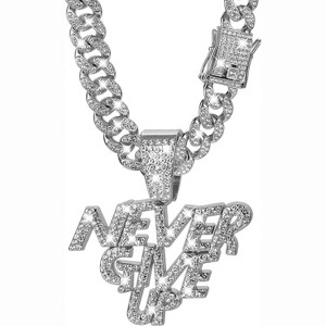 Hip Hop Cuban Chain for Men - NEVER GIVE UP Rhinestone Pendant Necklace - 1 of 4
