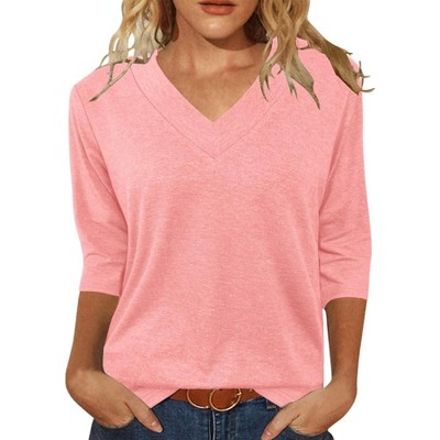 Tops for Women Summer Fall Shirts Basic 3/4 Sleeve Tees V Neck Tunics Casual Dressy Blouses