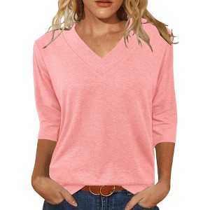 Tops for Women Summer Fall Shirts Basic 3/4 Sleeve Tees V Neck Tunics Casual Dressy Blouses - 1 of 3