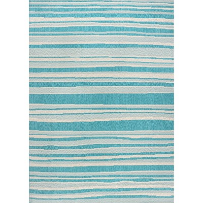 Aqua and Cream Stripe Synthetic 4' x 6' Indoor/Outdoor Rug