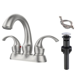 Brushed Nickel 2-Handle Bathroom Faucet with Aerator, Swan-Style Design, Centerset Vanity Sink Faucet with Pop-Up Drain and Supply Hoses - 1 of 4