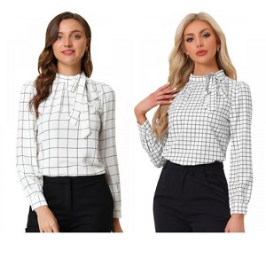 INSPIRE CHIC Women's Bow Tie Neck Keyhole Back Grid Checks Office Work Blouses 2 Packs - 1 of 4