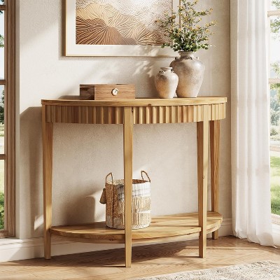 Tribesigns Solid Wood Half Moon Console Table, 2-Tier Farmhouse Fluted Entryway Table for Living Room, Hallway, Entrance, Foyer