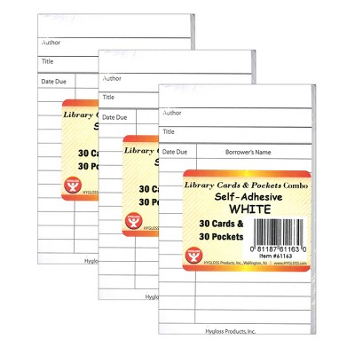 Hygloss Library Cards & Self-Adhesive Pockets Combo, White, 30 Each/60 Pieces Per Pack, 3 Packs
