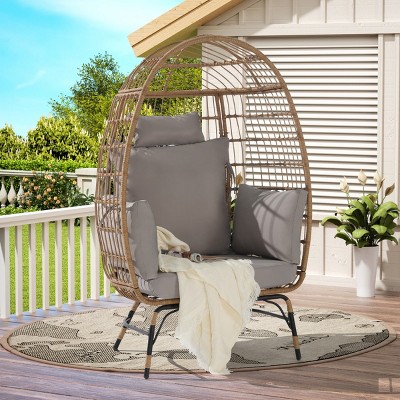 Outdoor Single PE Rattan Woven Egg Chair,Fabric Upholstered Lounge Egg Chair With Pillow And Metal Frame For Garden Backyard-Coolbibila