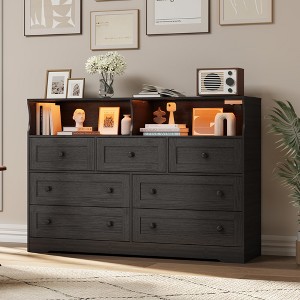7 Drawer Wood Dressers for Bedroom with LED Lights, Wooden Dresser with Charging Station and 2 Open Compartments, Modern Chest of Drawers - 1 of 4