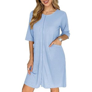 Ekouaer Zip Up Robes for Women Short Waffle Bathrobe Lightweight Knee Length Housecoat with Pockets Nightgown - 1 of 4