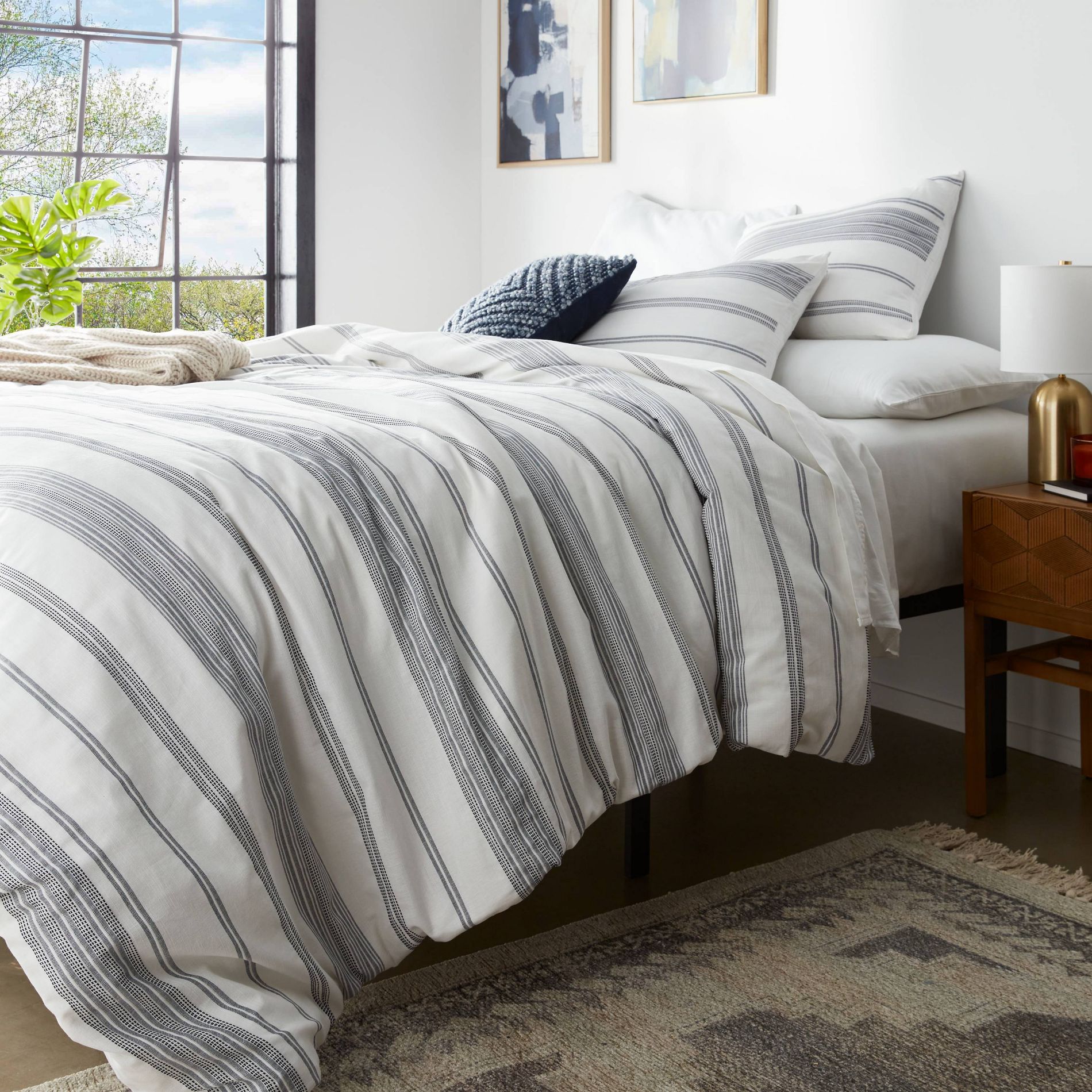 Full/Queen Cotton Woven Stripe Duvet Cover & Sham Set White/Navy - Threshold™: OEKO-TEX Certified, Lightweight