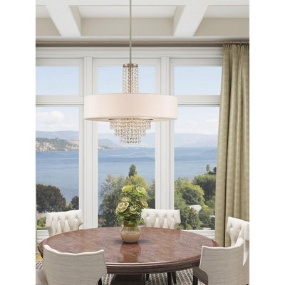 Carlisle Brushed Nickel Drum Pendant with Clear Crystals and Off-White Shade