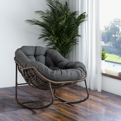 SKRAN Outdoor Rattan Rocking Chair,Padded Cushion Rocker Recliner Chair Outdoor for Front Porch, Living Room, Patio, Garden