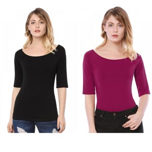Allegra K Women's Half Sleeves Scoop Neck Fitted Layering Soft T-Shirt 2 Packs - 1 of 4