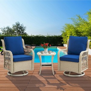 3 Piece Outdoor Patio Set - Wicker Rocking Bistro Set with 2 Swivel Chairs, Tempered Glass Top Table, Rattan Outdoor Furniture, for Porch Backyard - 1 of 4